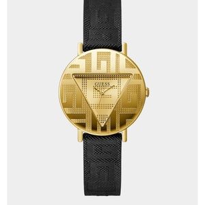GOLD TONE CASE BLACK GENUINE LEATHER WATCH